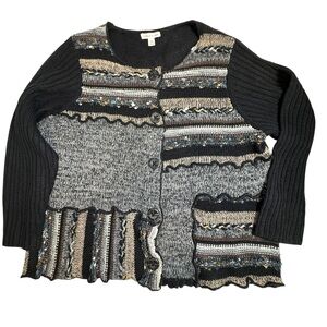 Coldwater Creek Women’s 3X Textured Knit Cardigan Sweater Gray Black Tan Chunky